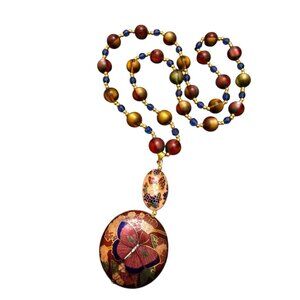 Vintage Multicolor Acrylic Beaded Necklace With Cloisonne Pendant (A8722)